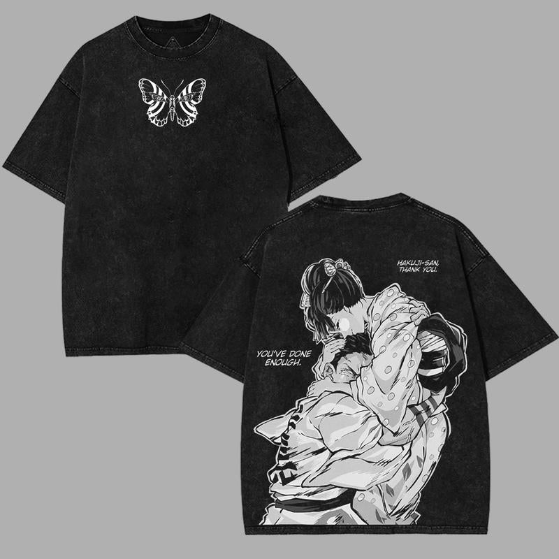 Akaza Upper Moon Rank 3 Hakuji X Koyuki Demon Slayer Kimetsu No Yaiba Anime Double Printed Acid Washed Soft Menswear Graphic Tee