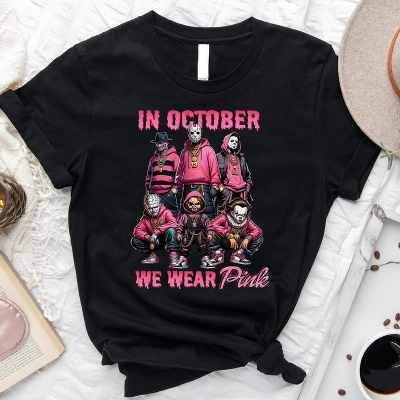 In October We Wear Pink Horror Characters Shirt, Breast Cancer Awareness Halloween Tee, Spooky Season Vintage Fight Cancer T-Shirt Graphic Tees