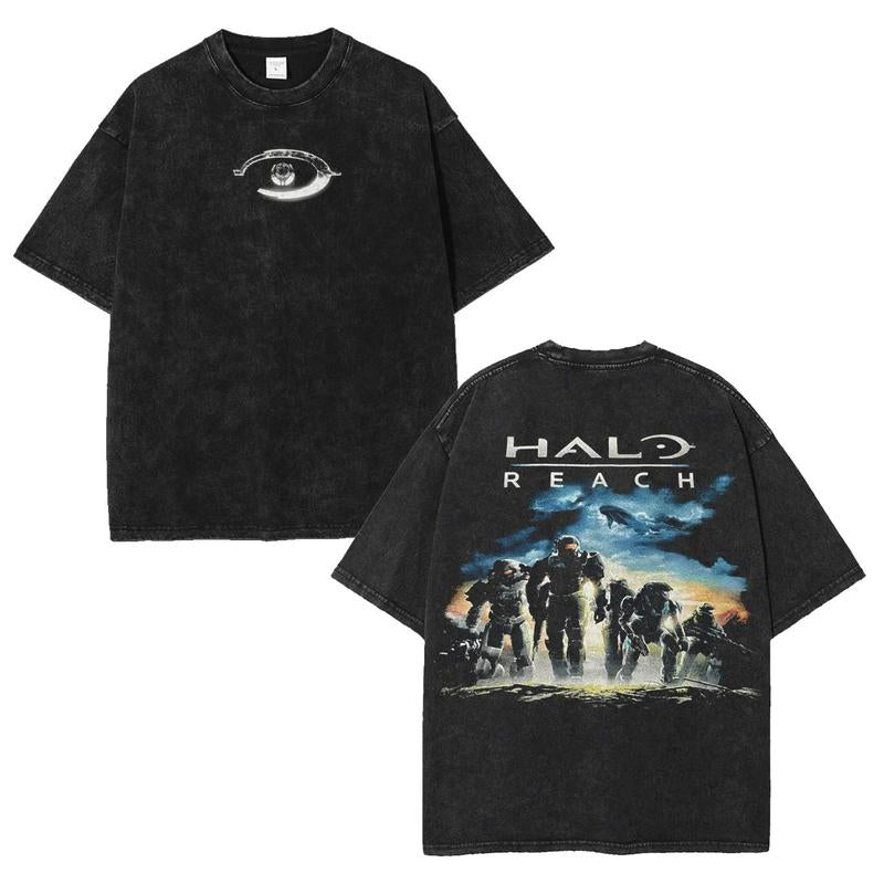 Halo Reach Unisex Washed Cotton T-Shirt, RPG Graphic Tees Top Anime Manga Game Merch Casual Streetwear Men Gifts Shirts Men Menswear Hoodie Print Straight Classic Seamless Short-Sleeved