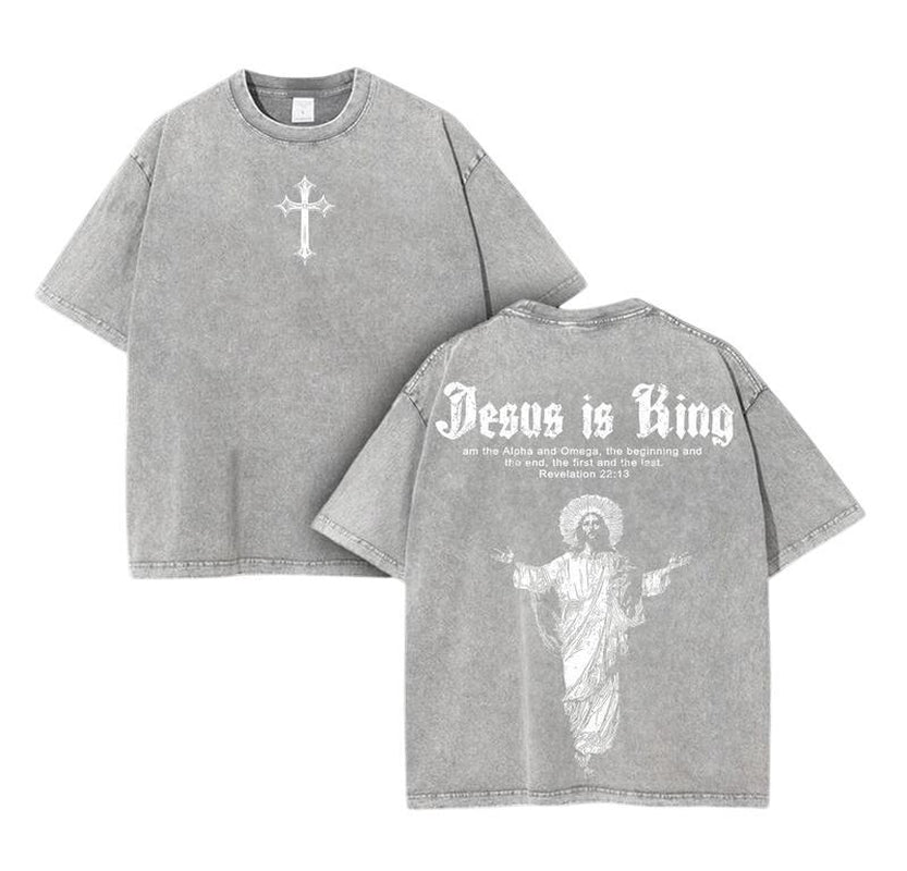 Jesus Is King Washed T-Shirt or Hoodie Oversized Faith Graphic Unisex Streetwear for Men and Women Christian Daily Wear or Gift Tee Cotton Dress